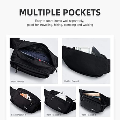 Bum Fashion Fanny Pack Mężczyźni Kobiety Wodoodporna saszetka biodrowa z 6 kieszeniami zapinanymi na zamek